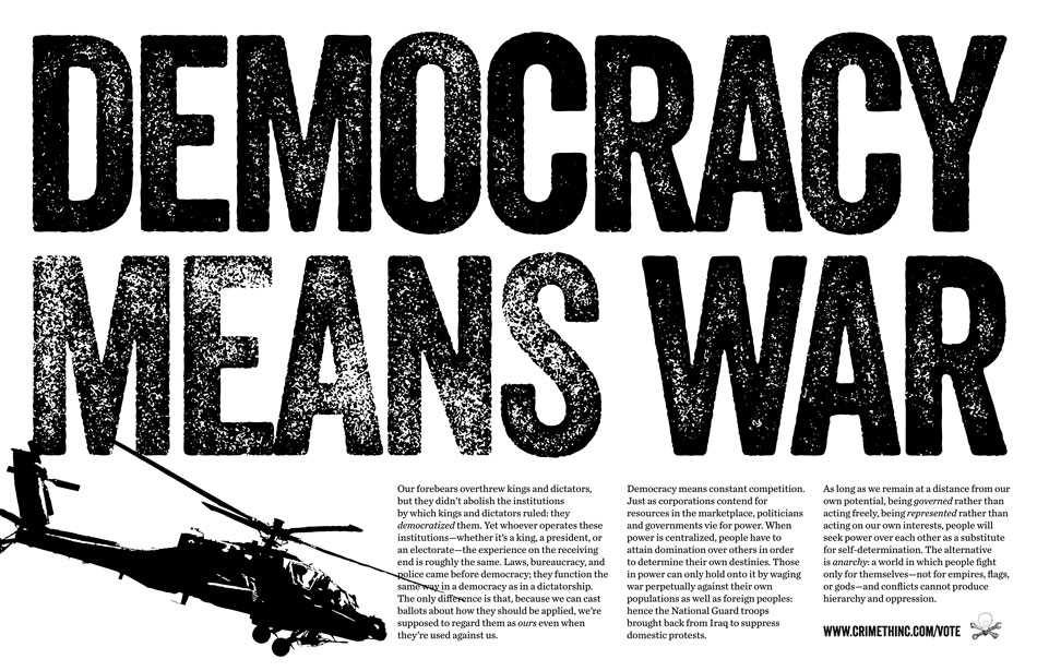 Foto di ‘Democracy Means War’ fronte